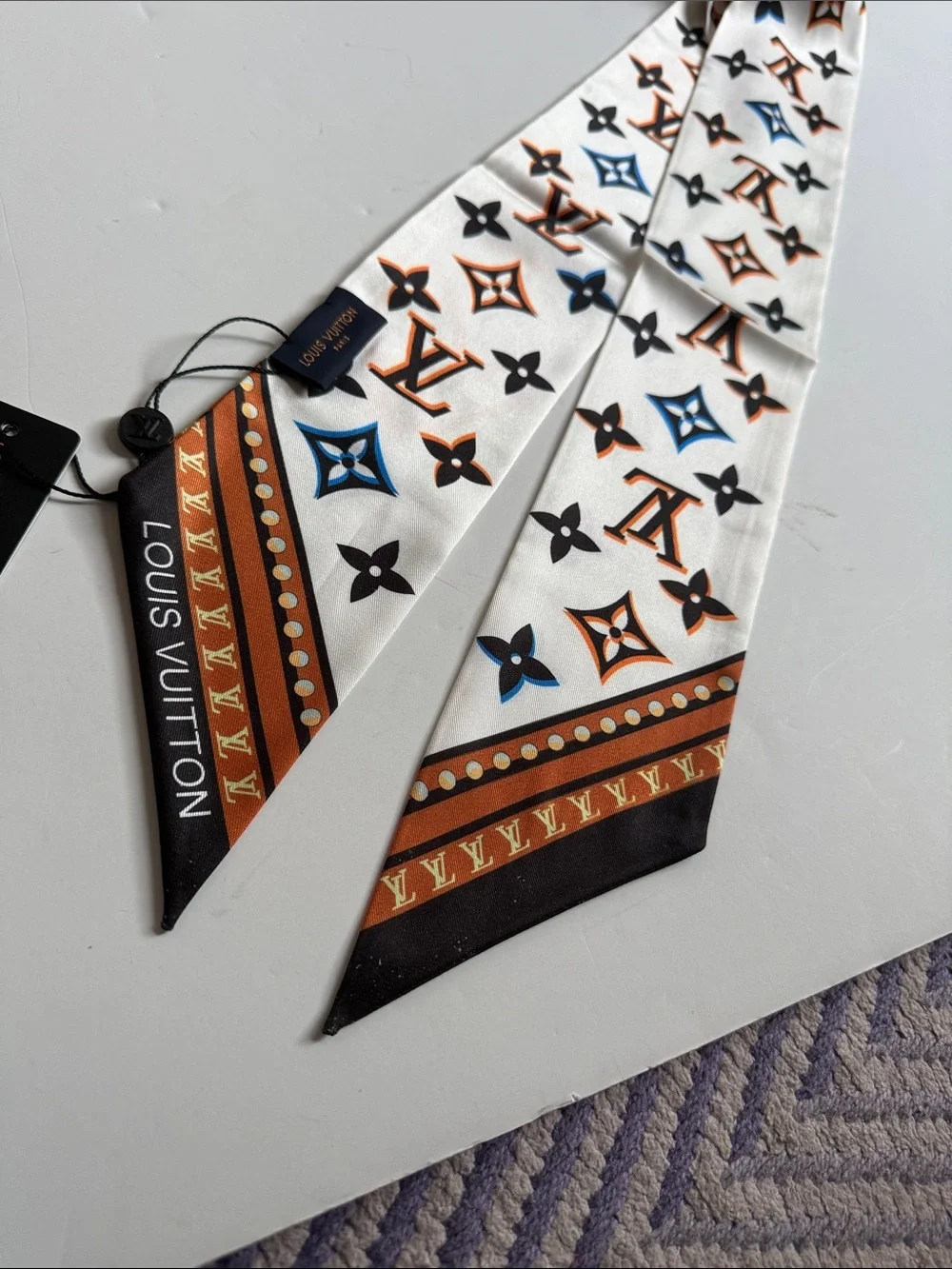 White & Orange Monogram Silk Scarf/Twilly